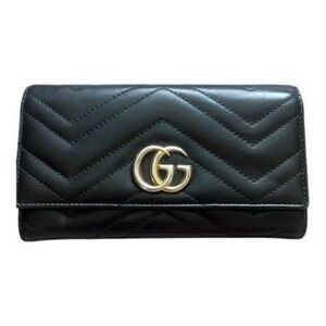Gucci GG Marmont Matelassé Chevron Leather Flap Long Continental Wallet Black GU